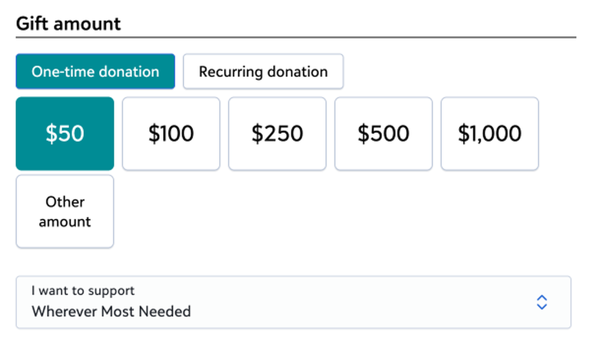 The Tri-C donation form: a Gift amount row with One-time and Recurring buttons above preset amounts, and below it the &ldquo;I want to support&rdquo; dropdown showing its default, Wherever Most Needed.